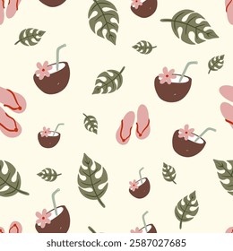 tropical seamless pattern with coconut drink and flip flops vector illustration