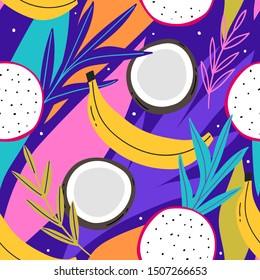 Tropical seamless pattern with coconut, and leaves for print, textile, wallpaper. Modern hand drawn exotic fashion background.