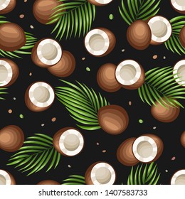 Tropical seamless pattern. Coconut palm pattern. Fresh coconut fruits and green palm leaves on black background. Summer texture. Vector illustration