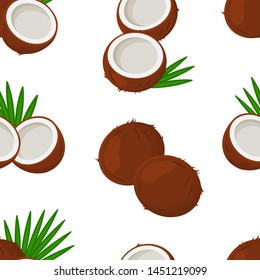 Tropical seamless pattern with coconuts and leaves palm tree isolated on white background. Vector illustration