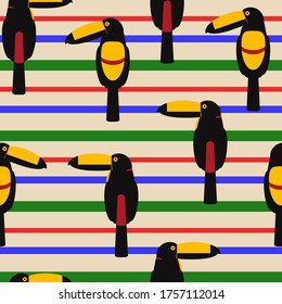 Tropical seamless pattern with colorful aracari birds. Vector background with small toucans