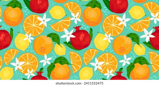 Tropical seamless pattern with colorful design of orange, pomegranate, lemon fruits, leaves and flowers on blue background. Summertime fabric print design