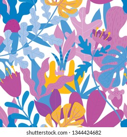 Patrón tropical sin fisuras con coloridas hojas exóticas y flores. Ilustración vectorial de verano.