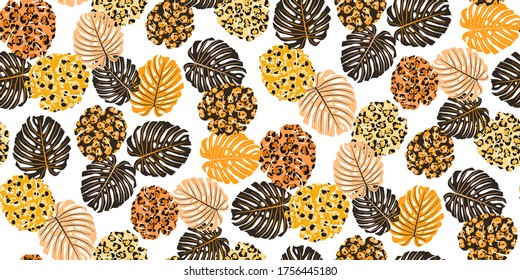 Tropical seamless pattern with colorful exotic leaves. Trendy flat lush jungle leaves.  botanical plant concept. Perfect for textile, wallpapers, web page backgrounds. brown color. Vector