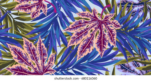 Tropical seamless pattern with colorful exotic leaves. Hand-drawn floral background for printing on fabric, clothing, home textiles, wallpaper, gift wrapping.
