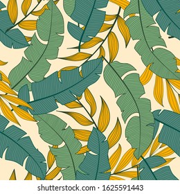 Tropical seamless pattern with colorful green and blue tropical plants and leaves on a pastel background. 
Exotic tropics. Summer. 
Beautiful print with hand drawn exotic plants.