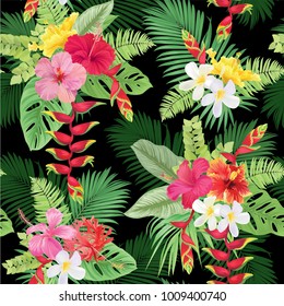 Tropical seamless pattern with colorful hibiscus flowers and bird of paradise on black background. Vector set of exotic tropical garden for wedding invitations, greeting card and fashion design.