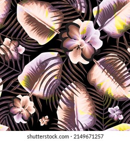 tropical seamless pattern with colorful jasmine flower on dark background. foliage seamless pattern. tropical coconut leaves seamless pattern. Nature ornament for textile, wallpaper, surface design
