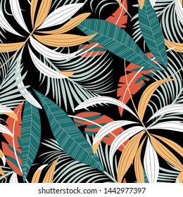 Tropical seamless pattern with colorful leaves and plants on a delicate dark background. Vector design. Jungle print. Floral background. Printing and textiles. Exotic tropics. Fresh design.