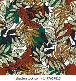 Tropical seamless pattern with colorful leaves and plants on a light background. Textiles, fabric, printing. Vector floral seamless pattern.  Botanical pattern. Hawaiian print. Summer beach design.