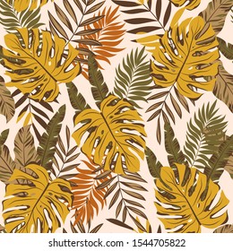 Tropical seamless pattern with colorful leaves and plants on a light background. Floral seamless vector tropical pattern background with exotic leaves, jungle leaf. Exotic wallpaper, Hawaiian style.