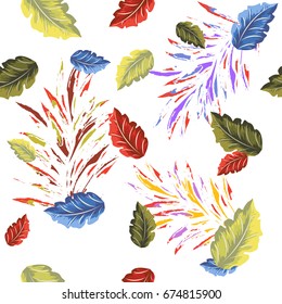 Tropical seamless pattern with colorful leaves. Hand-drawn floral background for printing on fabric, clothing, home textiles, wallpaper, gift wrapping.