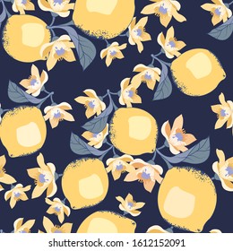 Tropical seamless pattern with colorful lemons.Summer vector citrus and floral background.Textile texture