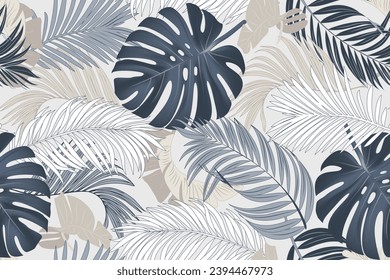 Tropical seamless pattern, colorful palm leaves, monstera on light gray background, vector illustration