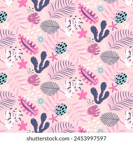 Tropical seamless pattern. Colorful palm leaves and abstract shapes on gray. Summer bright background. Fashion vector design for print, decor, fabric, card.