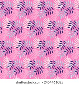 Tropical seamless pattern. Colorful palm leaves on pink. Summer bright background. Fashion vector design for print, decor, fabric, card.