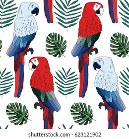 Tropical seamless pattern with colorful parrot and leaf.Summer textile texture.