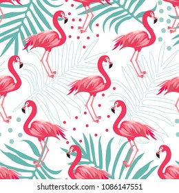 Tropical seamless pattern with colorful pink flamingo and leafs.Summer vector background.Textile texure