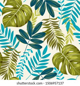 Tropical seamless pattern with colorful plants. Floral seamless vector tropical pattern background with exotic leaves, jungle leaf. Exotic wallpaper, Hawaiian style. Seamless vector texture.
