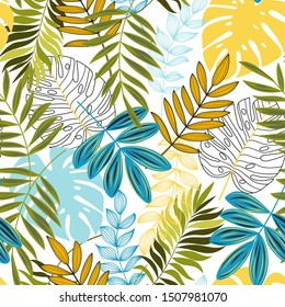 Tropical seamless pattern with colorful plants and leaves. Summer design, vector illustration. Summer background with exotic leaves. Exotic wallpaper, Hawaiian style. Seamless vector texture.