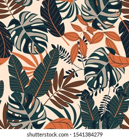 Tropical seamless pattern with colorful plants and leaves. Vector background for various surface. Beautiful seamless vector floral pattern. Exotic wallpaper, Hawaiian style.