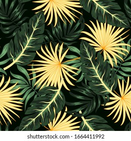 Tropical seamless pattern with colorful plants. Floral seamless vector tropical pattern background with exotic leaves, jungle leaf. Exotic wallpaper, Hawaiian style. Seamless vector texture.