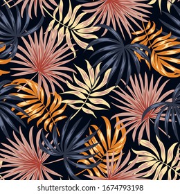 Patrón tropical sin fisuras. Plantas y hojas coloridas sobre fondo oscuro. Ilustración al estilo hawaiano. Hojas de la jungla. Patrón botánico. Fondo vectorial para varias superficies. Patrón floral.