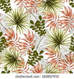 Tropisches nahtloses Muster mit bunten Pflanzen. Blumennahtlose, vektor tropische Muster Hintergrund mit exotischen Blättern, Dschungelblatt. Exotische Tapete, hawaiianischer Stil. Nahtlose Vektorstruktur.
