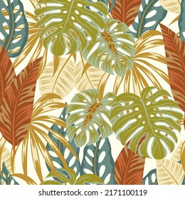 Tropical seamless pattern with colorful plants and leaves. Summer design, vector illustration. Floral background with exotic leaves. Exotic wallpaper, Hawaiian style. Seamless vector texture.