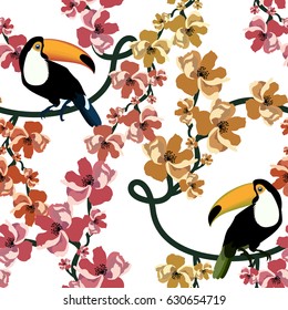 Tropical seamless pattern with colorful toucan and flower.Vector summer background.Textile texture