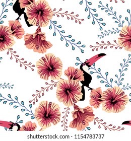 Tropical seamless pattern with colorful toucans and flowers.Vector exotic background.Textile texture