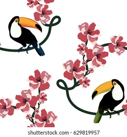 Tropical seamless pattern with colorful toucan.Vector summer background.Textile texture