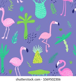 Tropical Seamless Pattern with Cute Flamingo and Palm Leaves. Childish Summer Background for Wallpaper, Fabric, Wrapping Paper, Decoration. Vector illustration