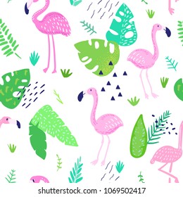 Tropical Seamless Pattern with Cute Flamingo and Palm Leaves. Childish Summer Background for Wallpaper, Fabric, Wrapping Paper, Decoration. Vector illustration