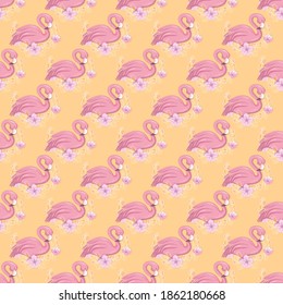 Patrón tropical sin costuras con flamingo lindo y flores. Fondo del verano de la caricatura