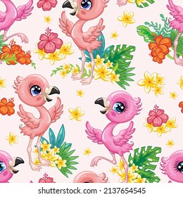 Tropical seamless pattern with cute flamingo birds and exotic flowers isolated on pink background. Vector illustration. For print, linen, design, wallpaper, decor, textile, packaging, kids apparel