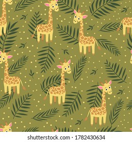 Tropical seamless pattern with cute giraffe and exotic leaves on green natural background. Design for printing, wallpaper, gift wrap, textiles. Vector illustration