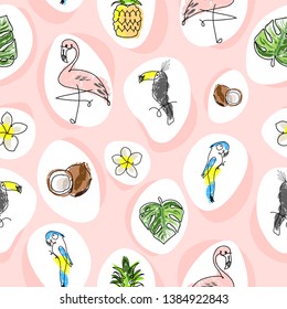 Tropical seamless pattern with cute hand drawn doodle animals, fruits, exotic plants and flowers. Cartoon summer background