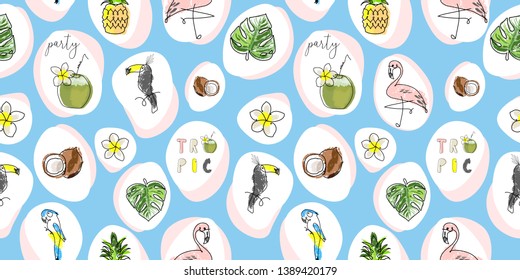 Tropical seamless pattern with cute hand drawn doodle animals, fruits, exotic plants and flowers. Cartoon summer background