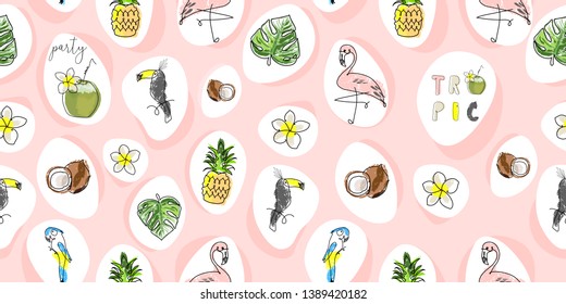 Tropical seamless pattern with cute hand drawn doodle animals, fruits, exotic plants and flowers. Cartoon summer background