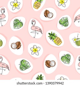 Tropical seamless pattern with cute hand drawn doodle animals, fruits, exotic plants and flowers. Cartoon summer background