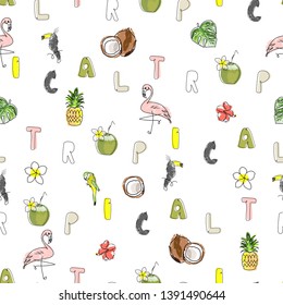 Tropical seamless pattern with cute hand drawn doodle animals, fruits, exotic plants and flowers. Cartoon summer background
