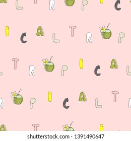 Tropical seamless pattern with cute hand drawn doodle animals, fruits, exotic plants and flowers. Cartoon summer background