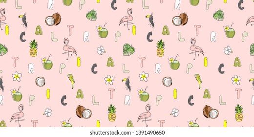 Tropical seamless pattern with cute hand drawn doodle animals, fruits, exotic plants and flowers. Cartoon summer background