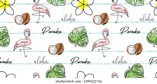 Tropical seamless pattern with cute hand drawn doodle animals, fruits, exotic plants and flowers. Cartoon summer background