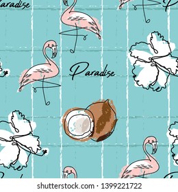 Tropical seamless pattern with cute hand drawn doodle animals, fruits, exotic plants and flowers. Cartoon summer background