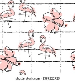 Tropical seamless pattern with cute hand drawn doodle animals, fruits, exotic plants and flowers. Cartoon summer background