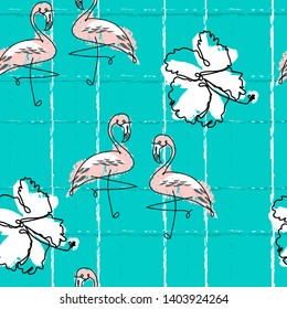 Tropical seamless pattern with cute hand drawn doodle animals, fruits, exotic plants and flowers. Cartoon summer background