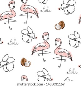 Tropical seamless pattern with cute hand drawn doodle animals, fruits, exotic plants and flowers. Cartoon summer background