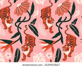 Tropical seamless pattern. Cute jungle damask ornament with tigers, palm leaves and blooming flowers. Hand drawn repeating template for wallpaper or textile design. Flat vector illustration